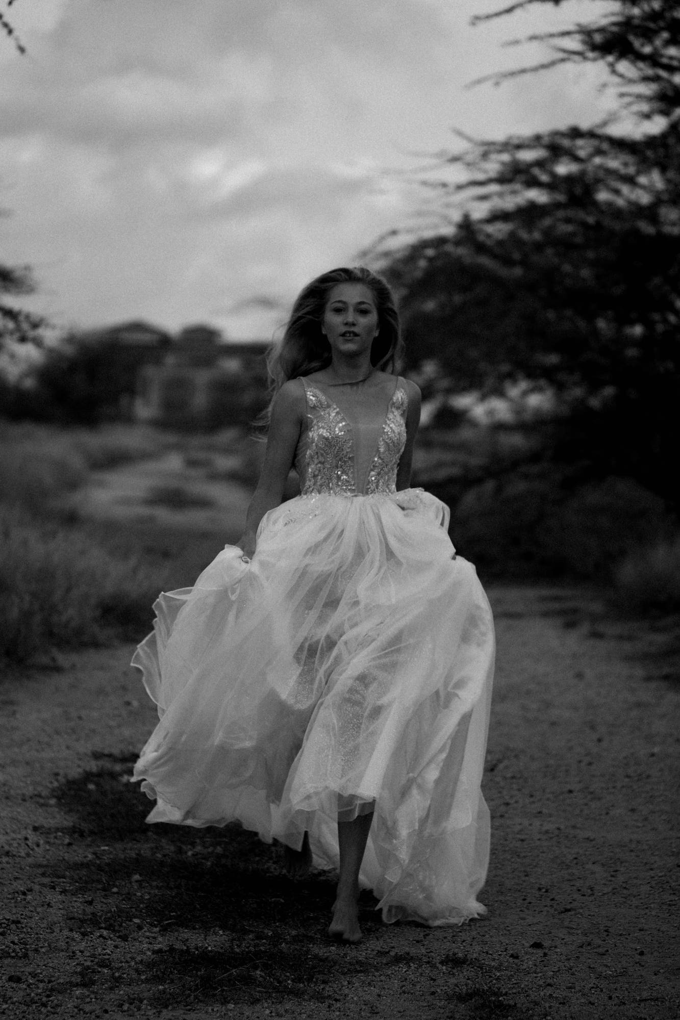 intense scene, bride running away in the weddingdress